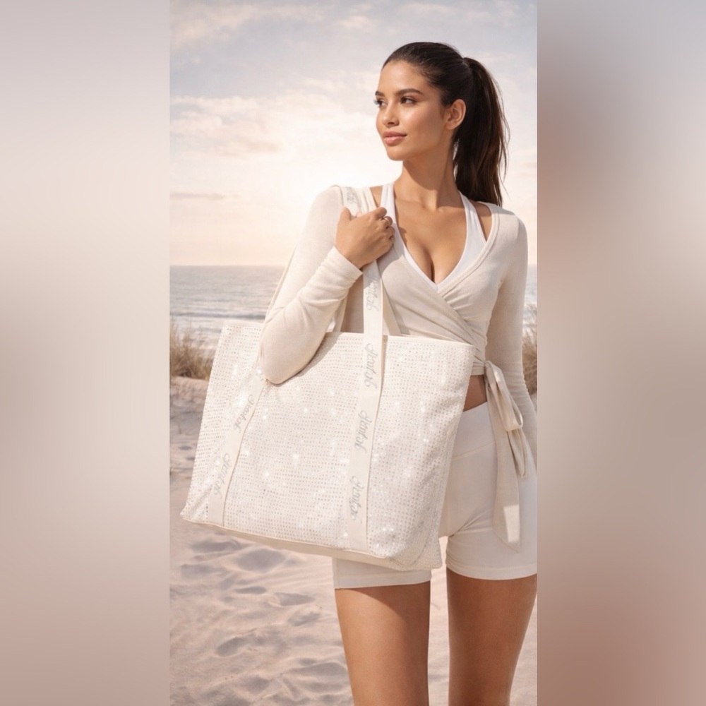 NWT Victoria’s Secret PINK Rhinestone Bling Tote Bag Cream White Limited Edition
